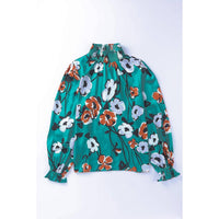 Tops Blouses Women – Blouses | Green Mock Neck Top Floral Print Long Sleeve Silk Blouse - Modestly Vogue