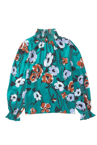 Tops Blouses Women – Blouses | Green Mock Neck Top Floral Print Long Sleeve Silk Blouse - Modestly Vogue