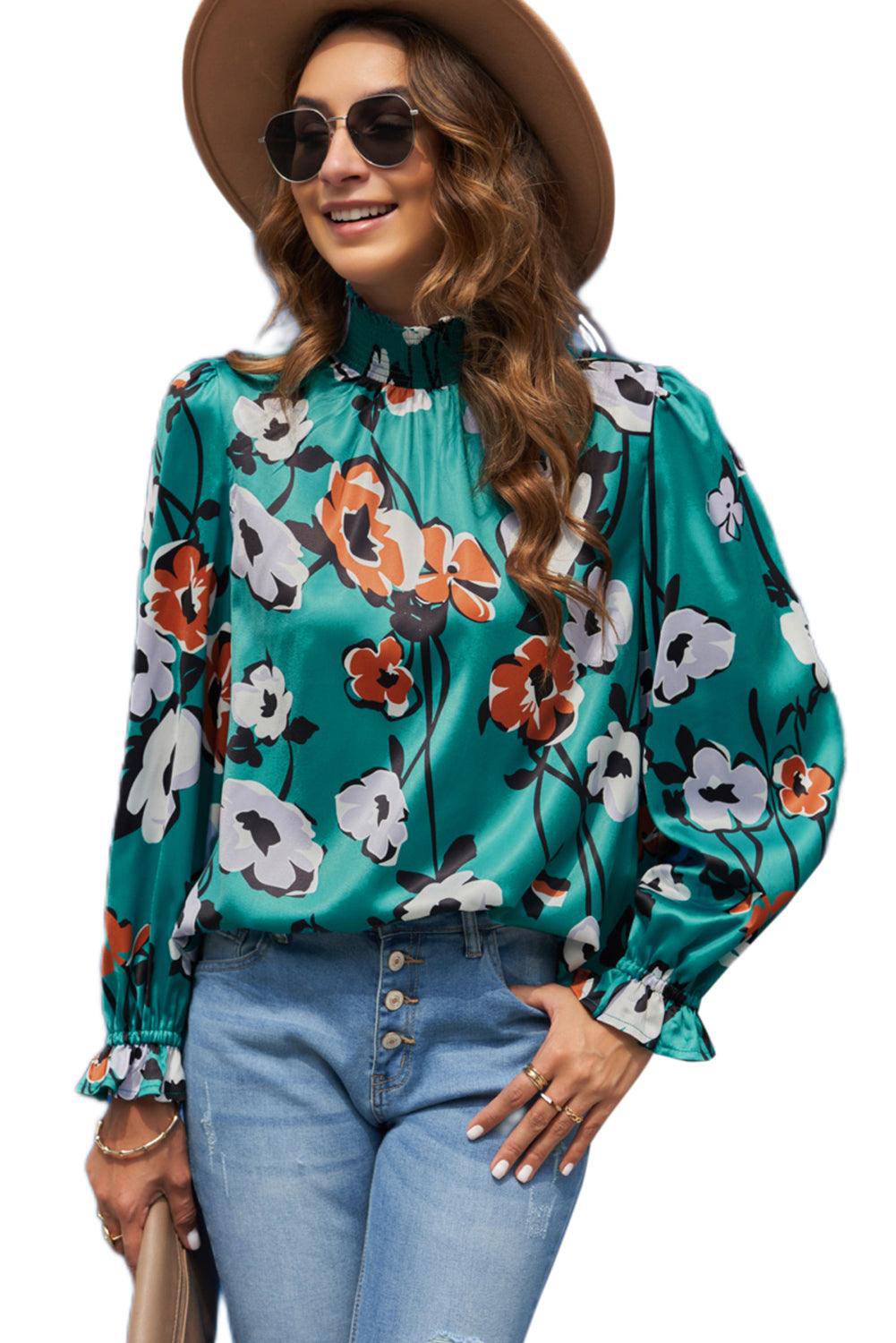 Tops Blouses Women – Blouses | Green Mock Neck Top Floral Print Long Sleeve Silk Blouse - Modestly Vogue