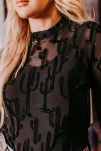 Boho Chic – | All About Cactus 3D Print Mesh Top Black - Modestly Vogue