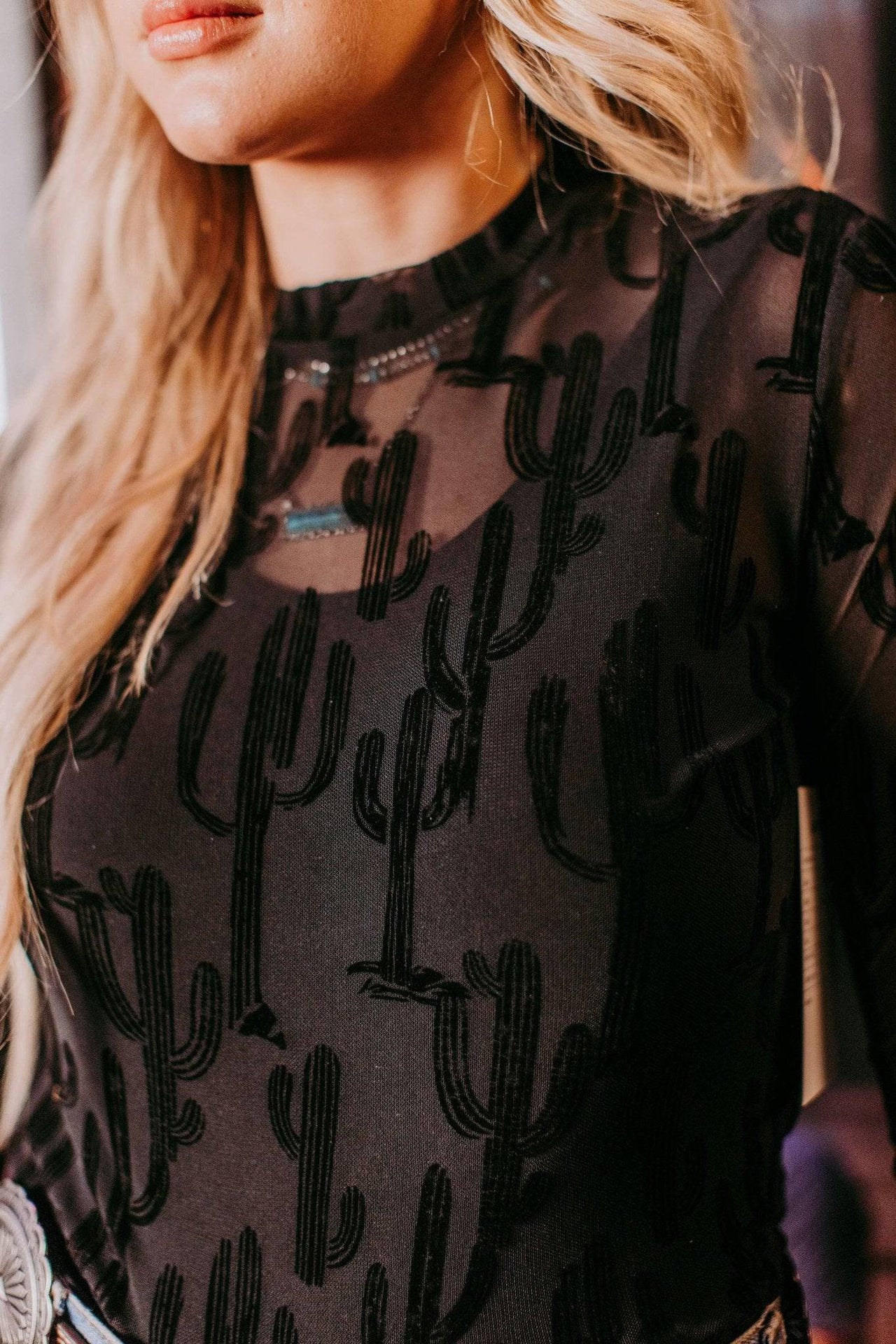 Boho Chic – | All About Cactus 3D Print Mesh Top Black - Modestly Vogue