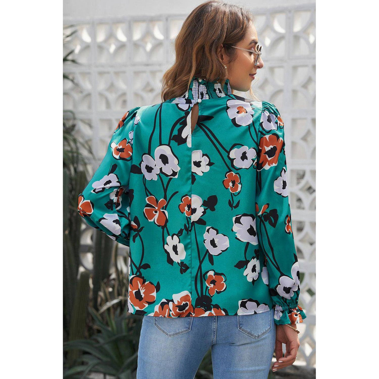 Tops Blouses Women – Blouses | Green Mock Neck Top Floral Print Long Sleeve Silk Blouse - Modestly Vogue