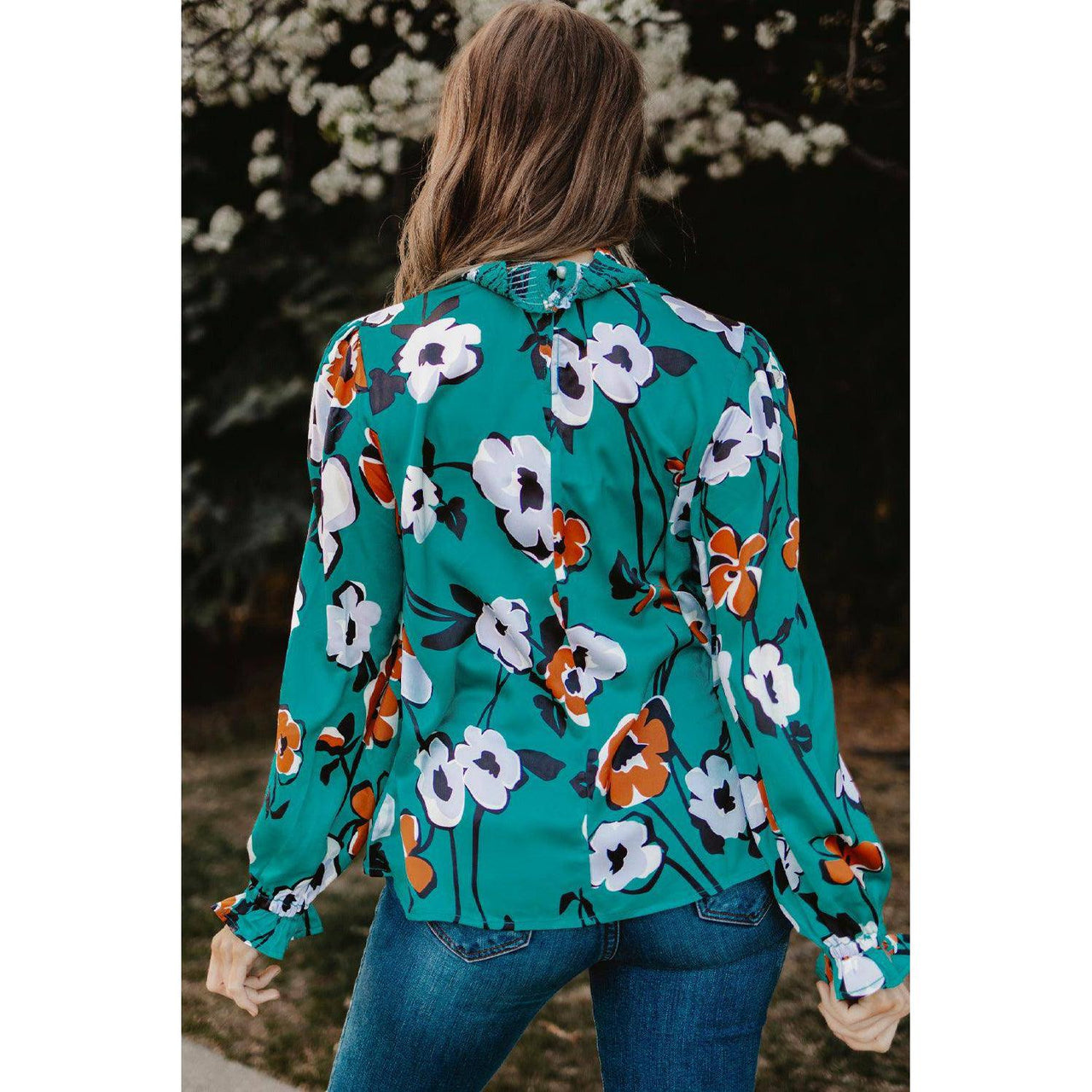 Tops Blouses Women – Blouses | Green Mock Neck Top Floral Print Long Sleeve Silk Blouse - Modestly Vogue