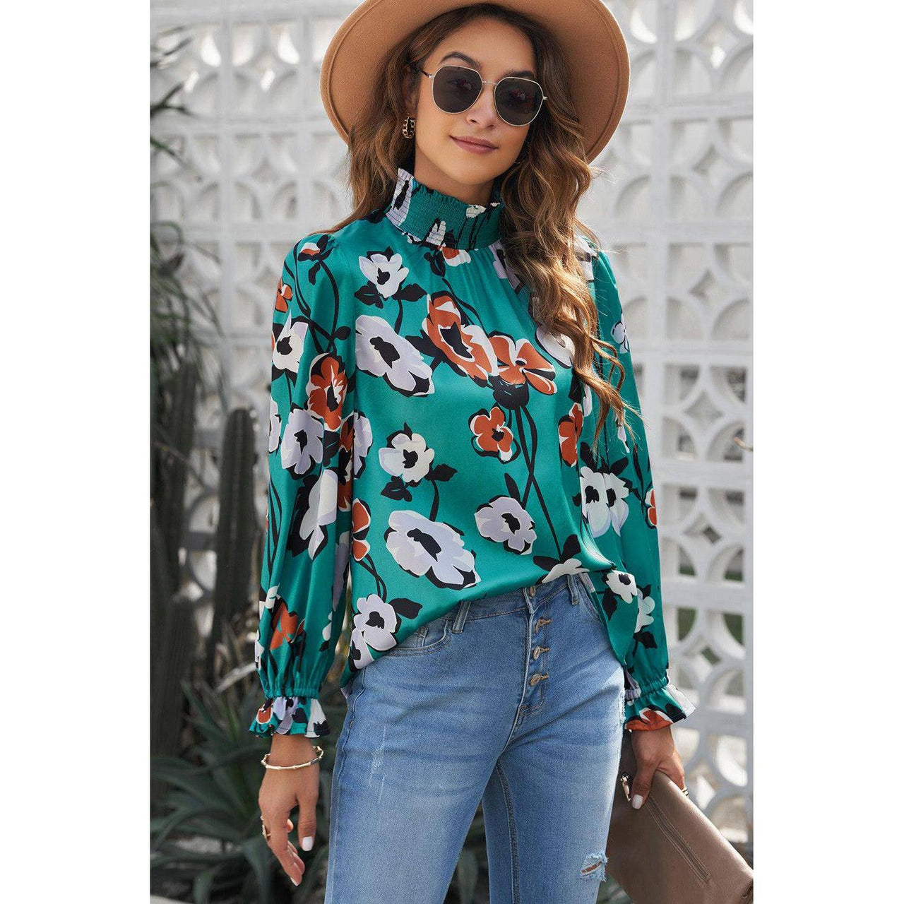 Tops Blouses Women – Blouses | Green Mock Neck Top Floral Print Long Sleeve Silk Blouse - Modestly Vogue