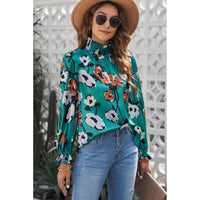 Tops Blouses Women – Blouses | Green Mock Neck Top Floral Print Long Sleeve Silk Blouse - Modestly Vogue