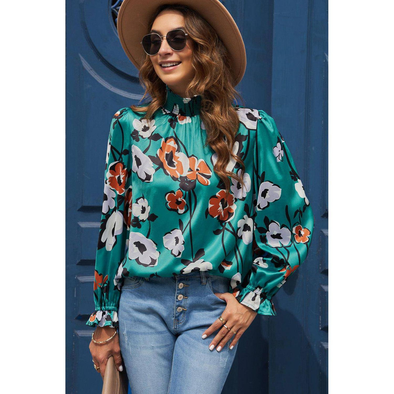 Tops Blouses Women – Blouses | Green Mock Neck Top Floral Print Long Sleeve Silk Blouse - Modestly Vogue
