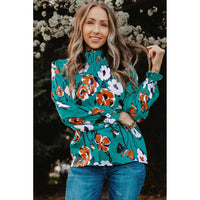 Tops Blouses Women – Blouses | Green Mock Neck Top Floral Print Long Sleeve Silk Blouse - Modestly Vogue