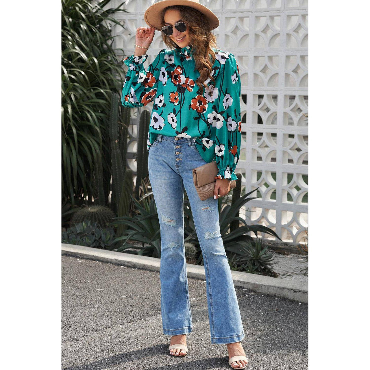 Tops Blouses Women – Blouses | Green Mock Neck Top Floral Print Long Sleeve Silk Blouse - Modestly Vogue