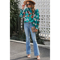 Tops Blouses Women – Blouses | Green Mock Neck Top Floral Print Long Sleeve Silk Blouse - Modestly Vogue