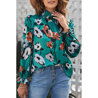 Tops Blouses Women – Blouses | Green Mock Neck Top Floral Print Long Sleeve Silk Blouse - Modestly Vogue