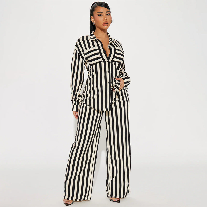 Black Two Piece Casual Indoor Outdoor Striped Button Shirt Trousers Set
