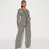 Black Two Piece Casual Indoor Outdoor Striped Button Shirt Trousers Set