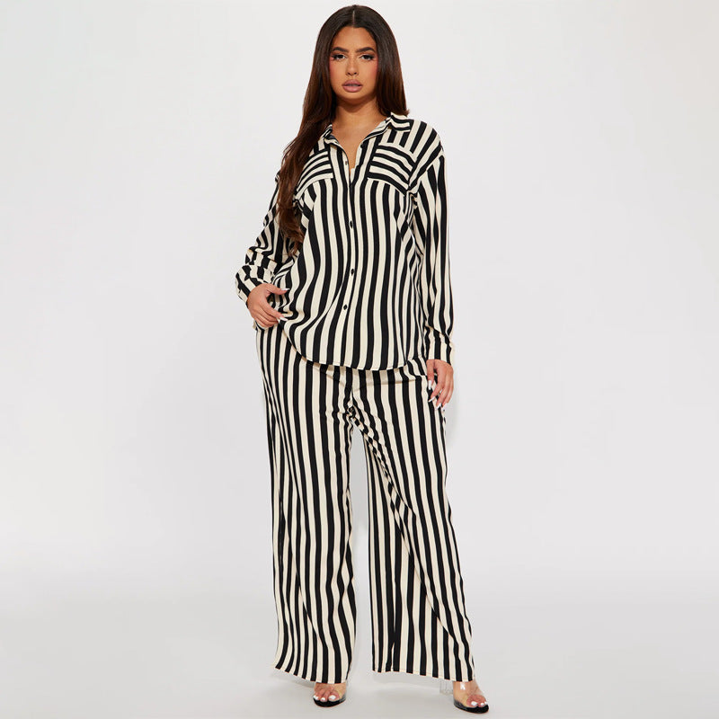 Black Two Piece Casual Indoor Outdoor Striped Button Shirt Trousers Set