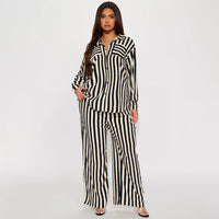 Black Two Piece Casual Indoor Outdoor Striped Button Shirt Trousers Set