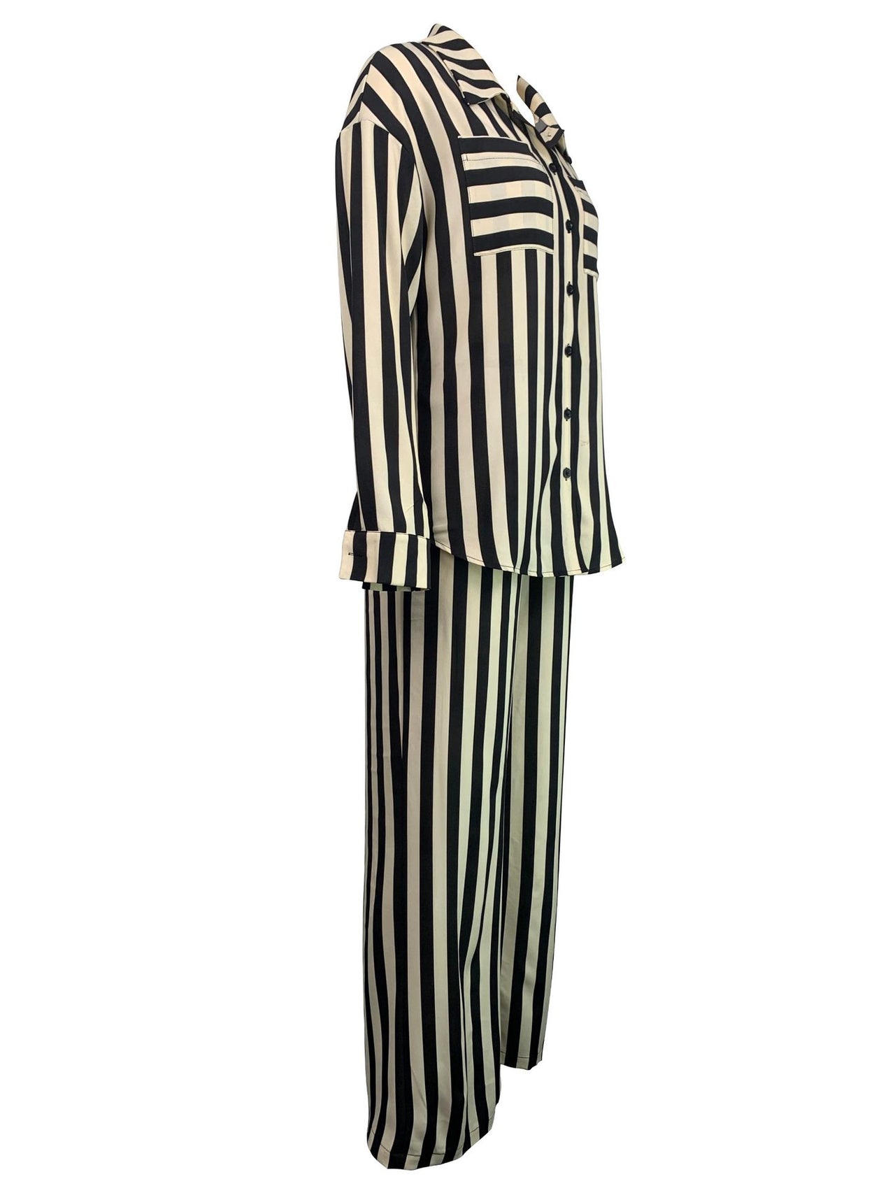 Black Two Piece Casual Indoor Outdoor Striped Button Shirt Trousers Set