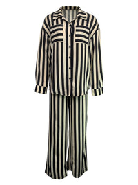 Black Two Piece Casual Indoor Outdoor Striped Button Shirt Trousers Set