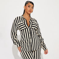 Black Two Piece Casual Indoor Outdoor Striped Button Shirt Trousers Set