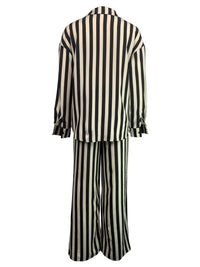 Black Two Piece Casual Indoor Outdoor Striped Button Shirt Trousers Set