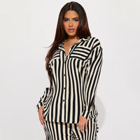 Black Two Piece Casual Indoor Outdoor Striped Button Shirt Trousers Set
