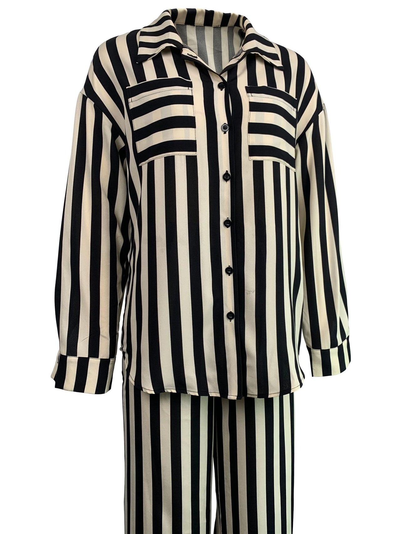 Black Two Piece Casual Indoor Outdoor Striped Button Shirt Trousers Set