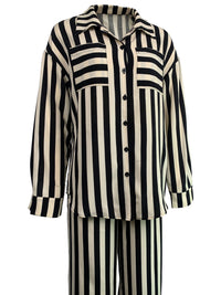 Black Two Piece Casual Indoor Outdoor Striped Button Shirt Trousers Set