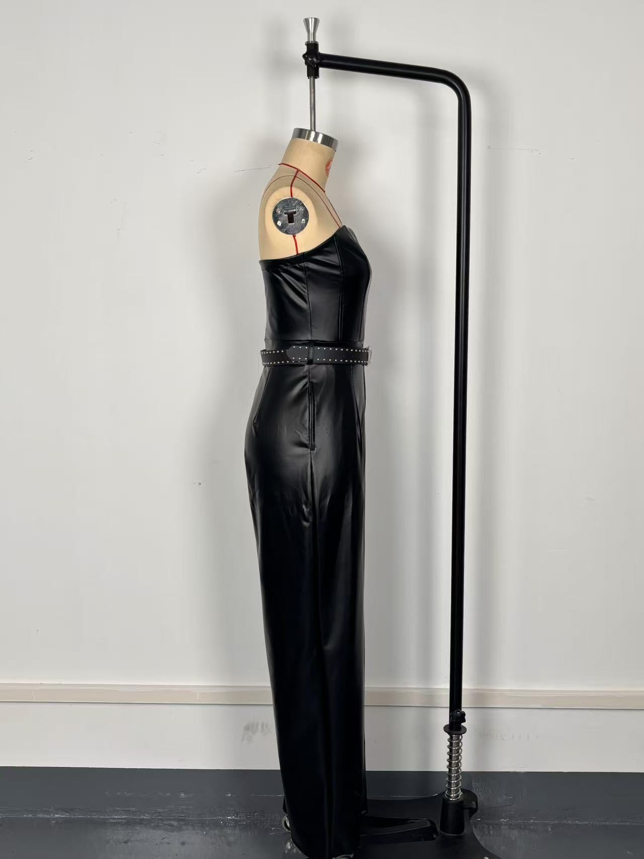 Faux Leather Tube Top Jumpsuit with Belt – Cinched Waist, Straight Leg Pants