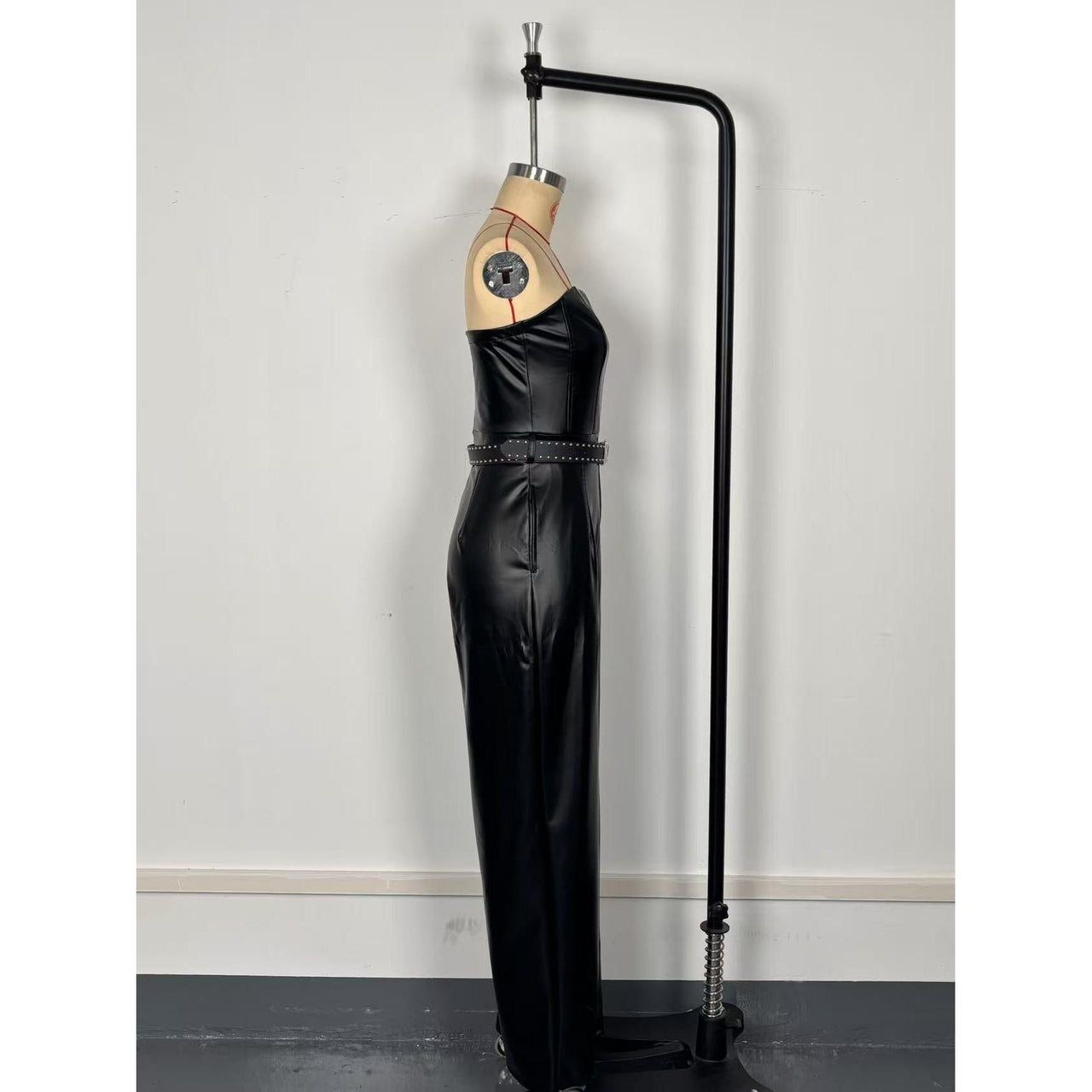 Earthtone Faux Leather Tube Top Jumpsuit with Belt – Cinched Waist, Straight Leg Pants