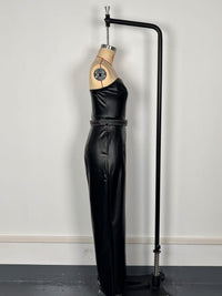 Faux Leather Tube Top Jumpsuit with Belt – Cinched Waist, Straight Leg Pants