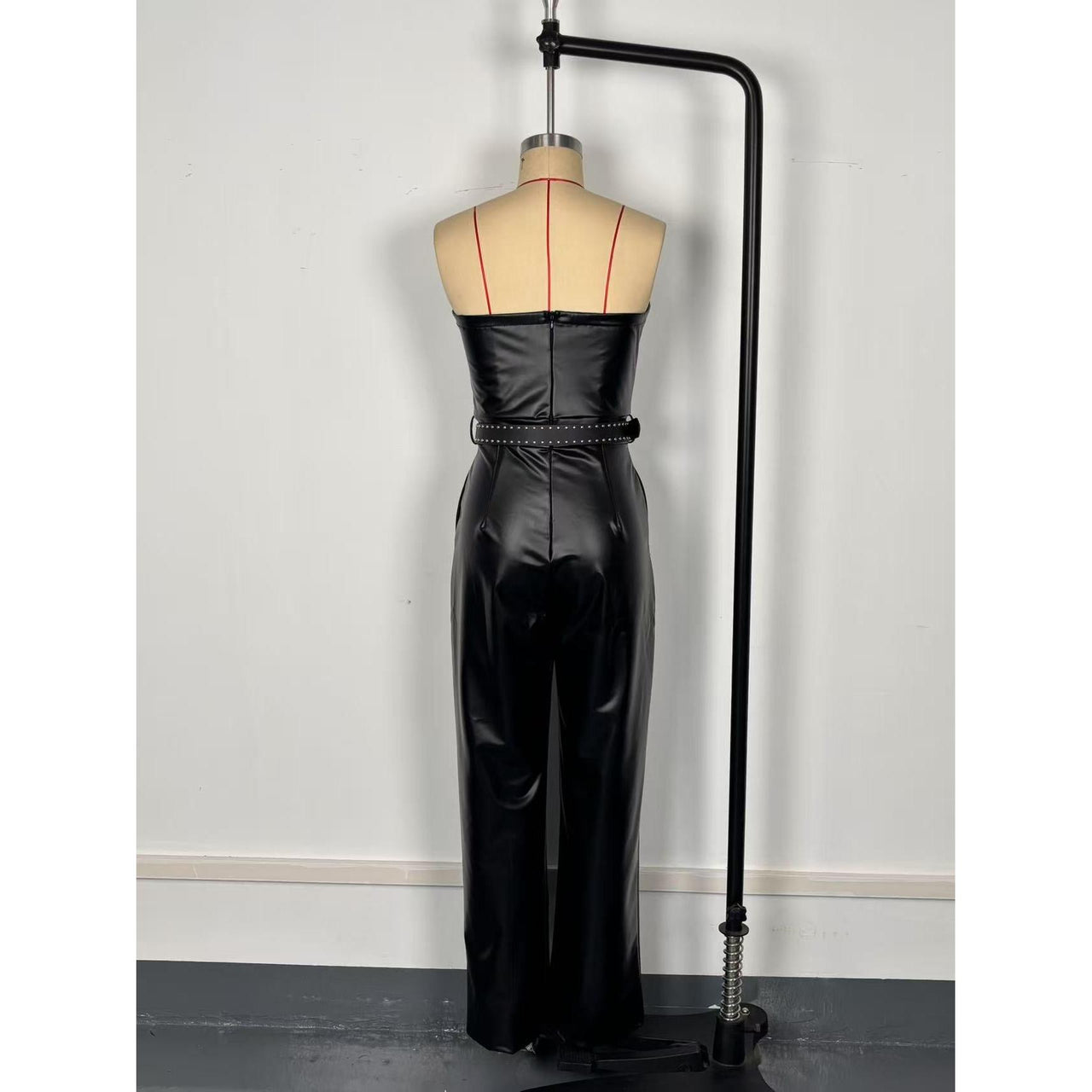 Earthtone Faux Leather Tube Top Jumpsuit with Belt – Cinched Waist, Straight Leg Pants