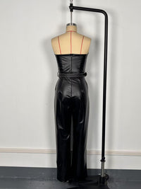 Faux Leather Tube Top Jumpsuit with Belt – Cinched Waist, Straight Leg Pants