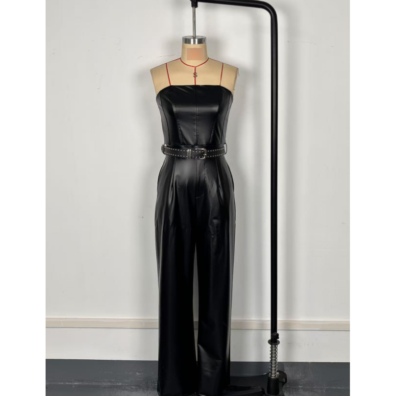Earthtone Faux Leather Tube Top Jumpsuit with Belt – Cinched Waist, Straight Leg Pants