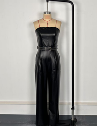 Faux Leather Tube Top Jumpsuit with Belt – Cinched Waist, Straight Leg Pants