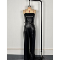Earthtone Faux Leather Tube Top Jumpsuit with Belt – Cinched Waist, Straight Leg Pants