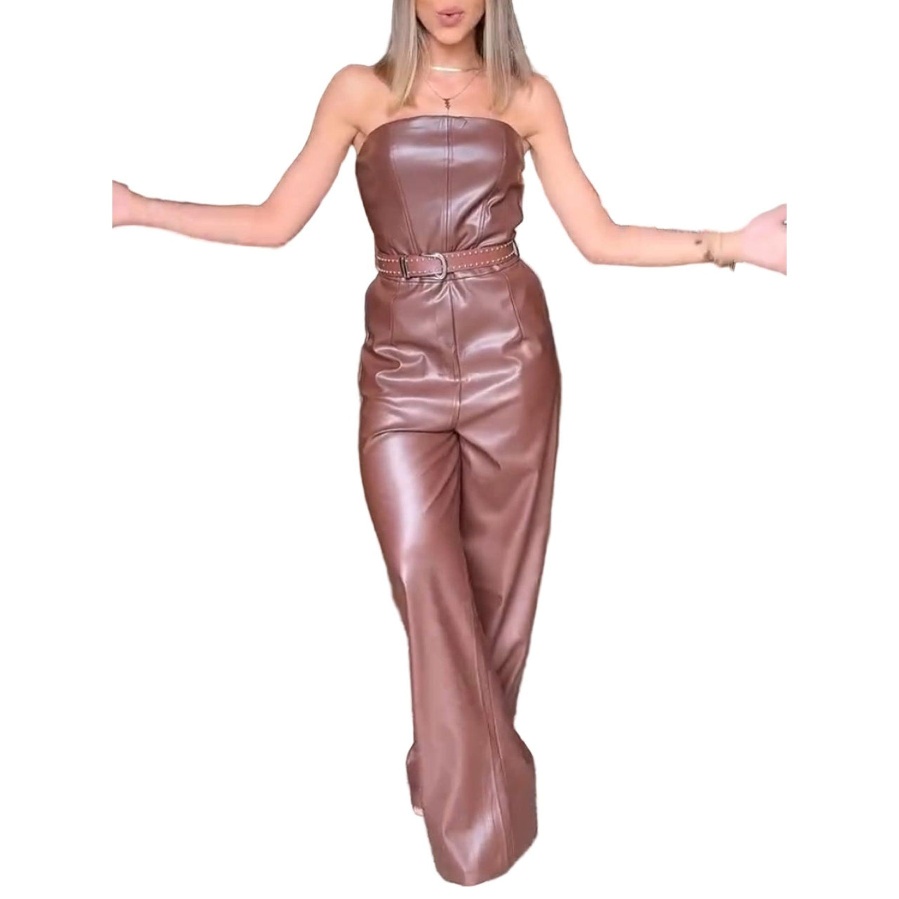 Earthtone Faux Leather Tube Top Jumpsuit with Belt – Cinched Waist, Straight Leg Pants