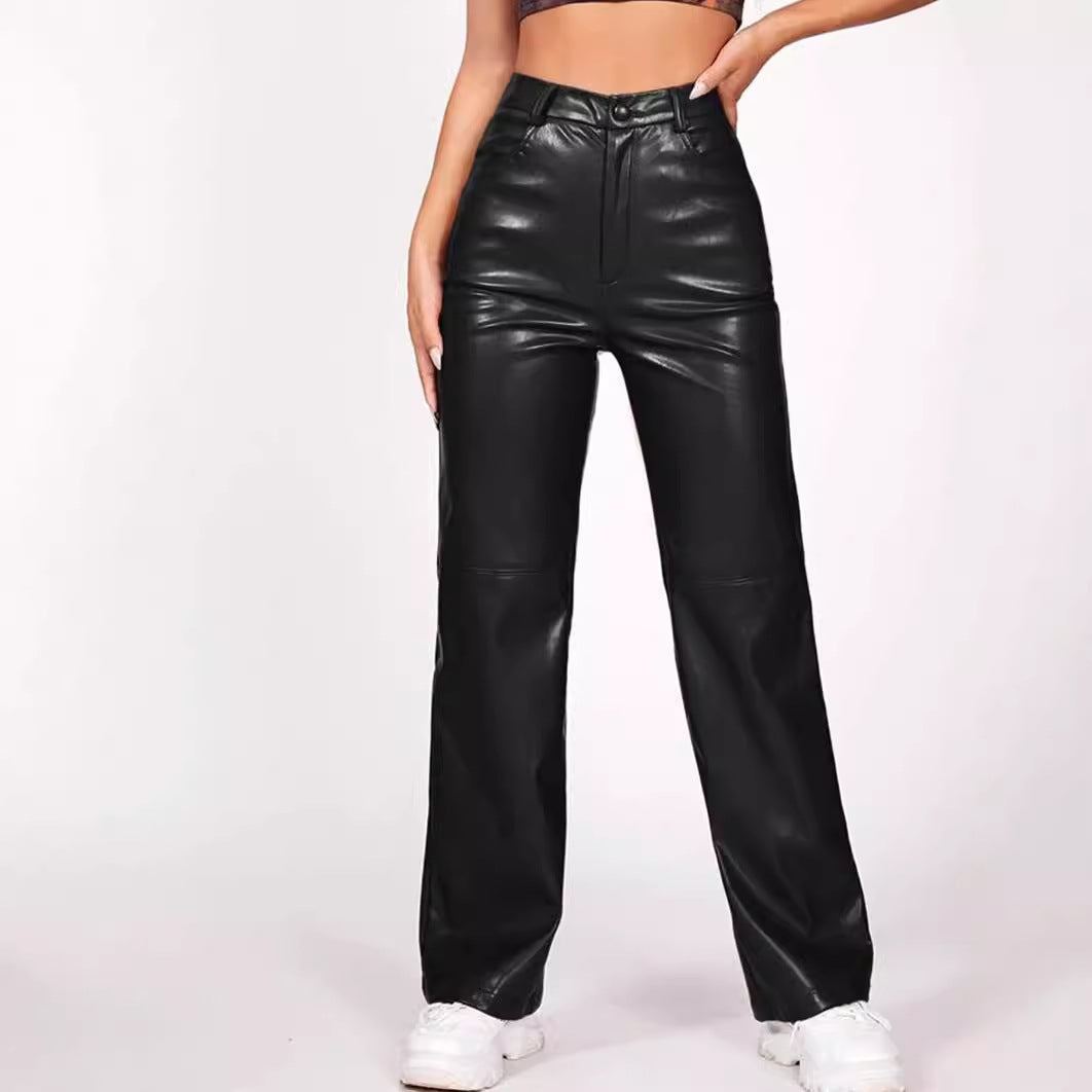 High Waist Faux Leather Straight Pants with Button & Pockets