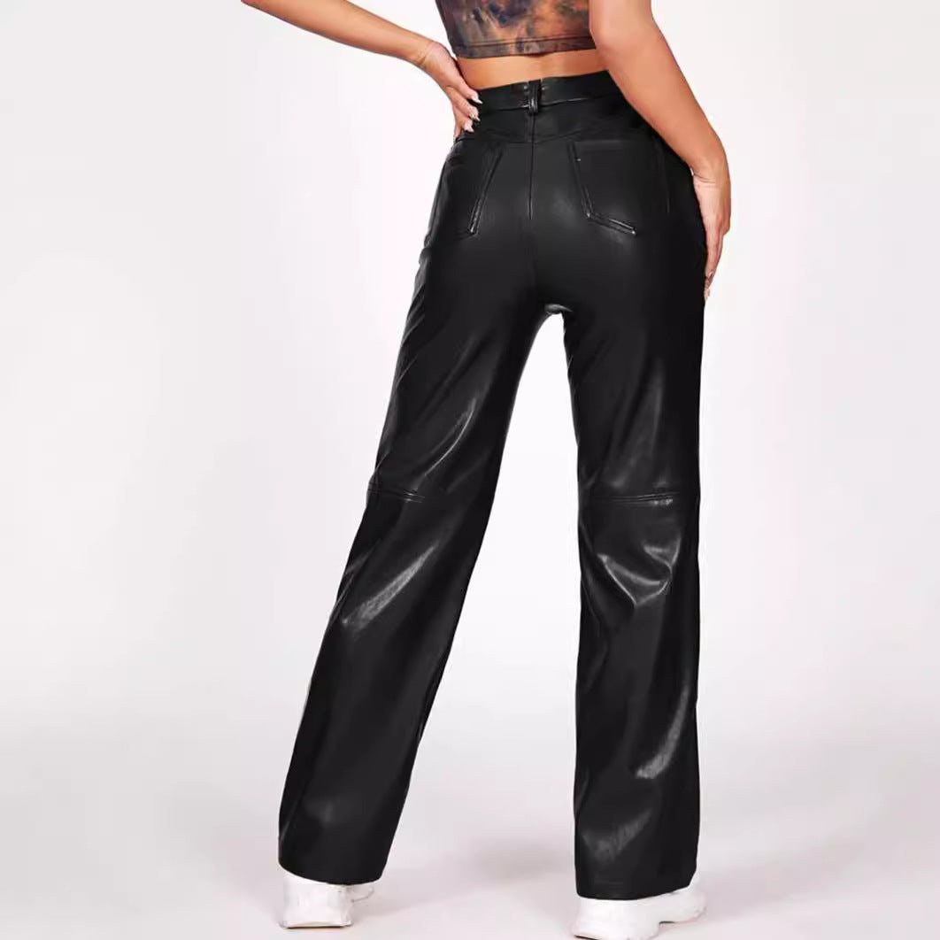 High Waist Faux Leather Straight Pants with Button & Pockets