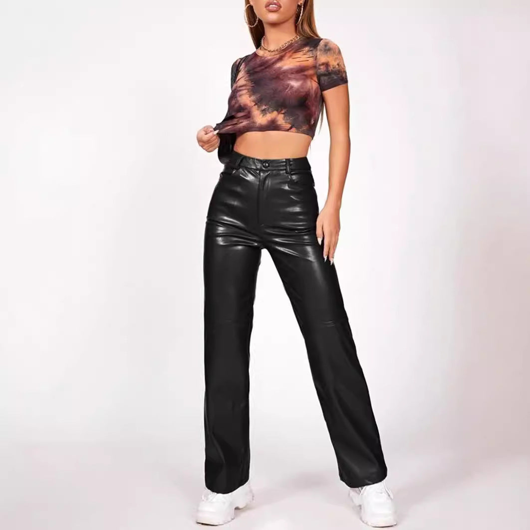 High Waist Faux Leather Straight Pants with Button & Pockets