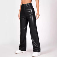 High Waist Faux Leather Straight Pants with Button & Pockets