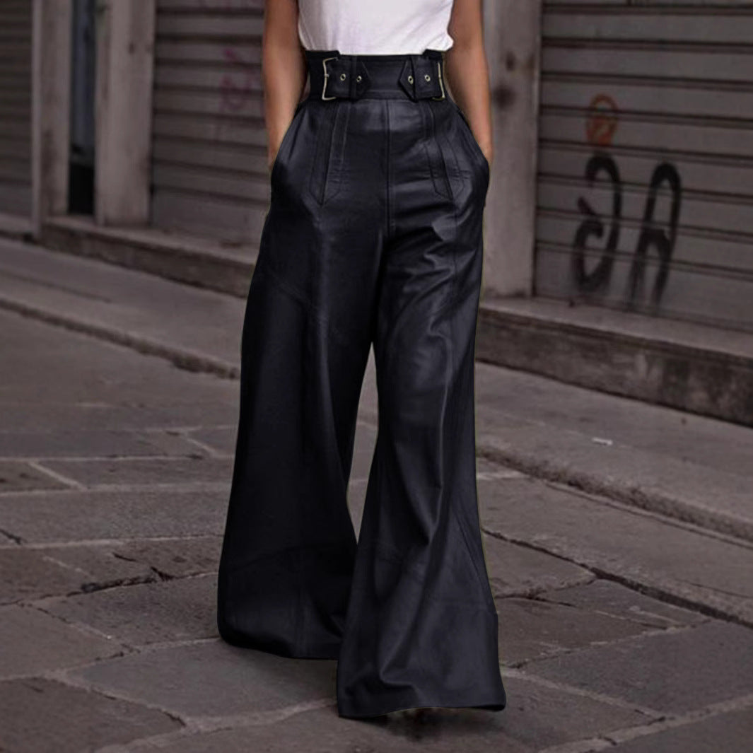 High Waist Faux Leather Bell Bottom Pants – Loose Fit with Pockets