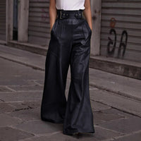 High Waist Faux Leather Bell Bottom Pants – Loose Fit with Pockets