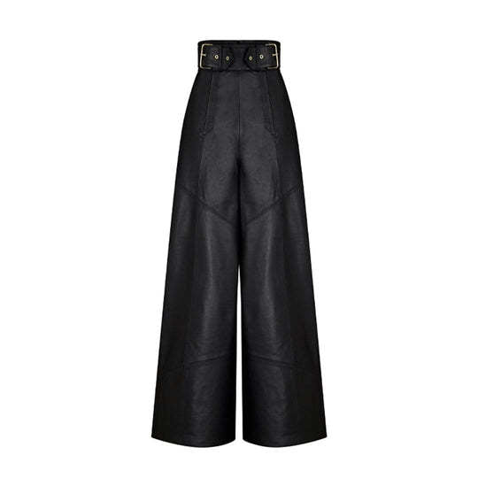 High Waist Faux Leather Bell Bottom Pants – Loose Fit with Pockets