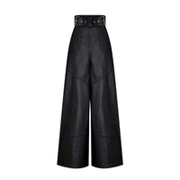 High Waist Faux Leather Bell Bottom Pants – Loose Fit with Pockets