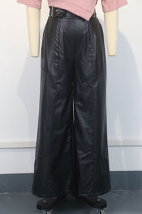 High Waist Faux Leather Bell Bottom Pants – Loose Fit with Pockets