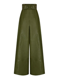 High Waist Faux Leather Bell Bottom Pants – Loose Fit with Pockets