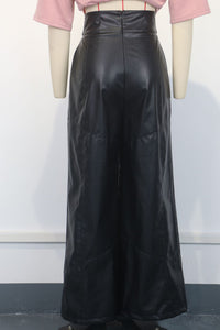 High Waist Faux Leather Bell Bottom Pants – Loose Fit with Pockets