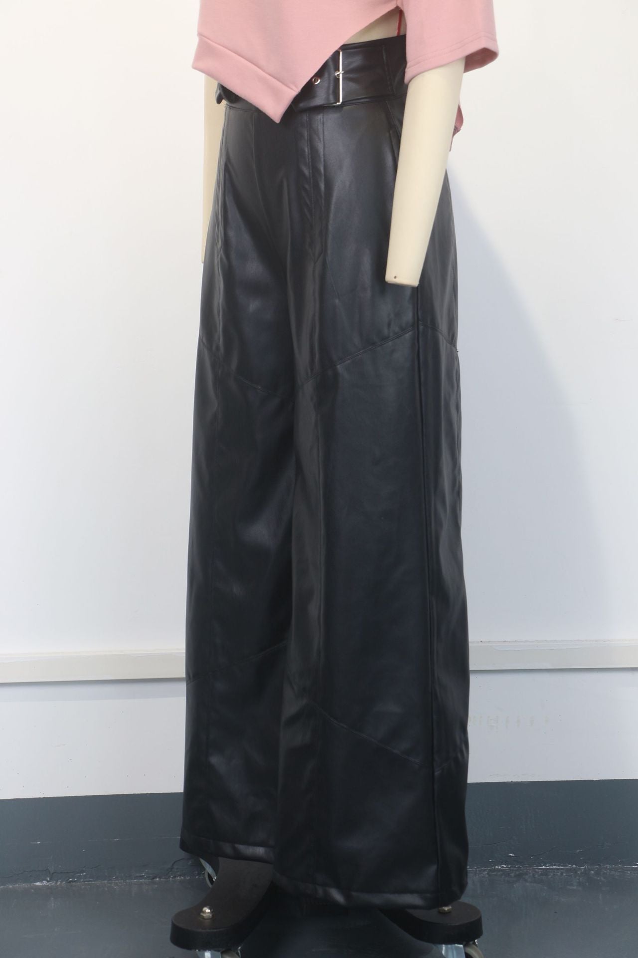 High Waist Faux Leather Bell Bottom Pants – Loose Fit with Pockets