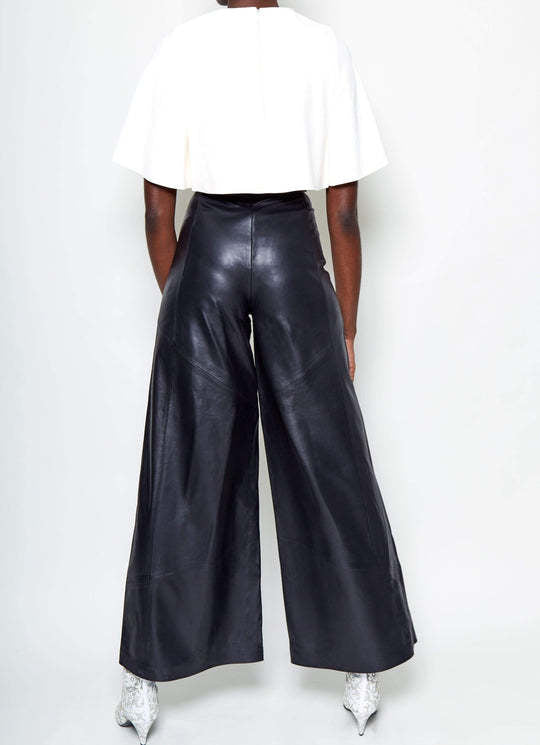 High Waist Faux Leather Bell Bottom Pants – Loose Fit with Pockets