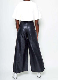 High Waist Faux Leather Bell Bottom Pants – Loose Fit with Pockets
