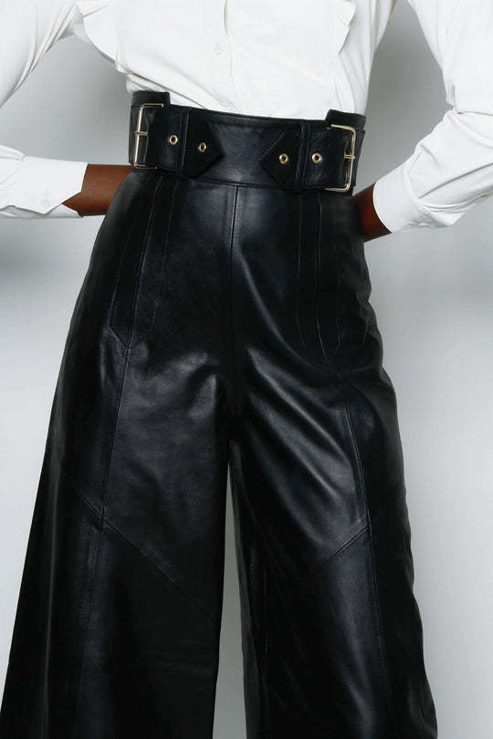 High Waist Faux Leather Bell Bottom Pants – Loose Fit with Pockets