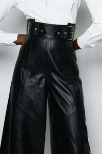 High Waist Faux Leather Bell Bottom Pants – Loose Fit with Pockets